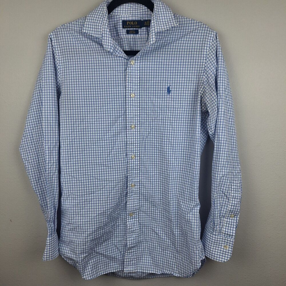 Polo Ralph Lauren Men's Long Sleeve Shirt Light Blue and White 15 32/33 Slim Fit